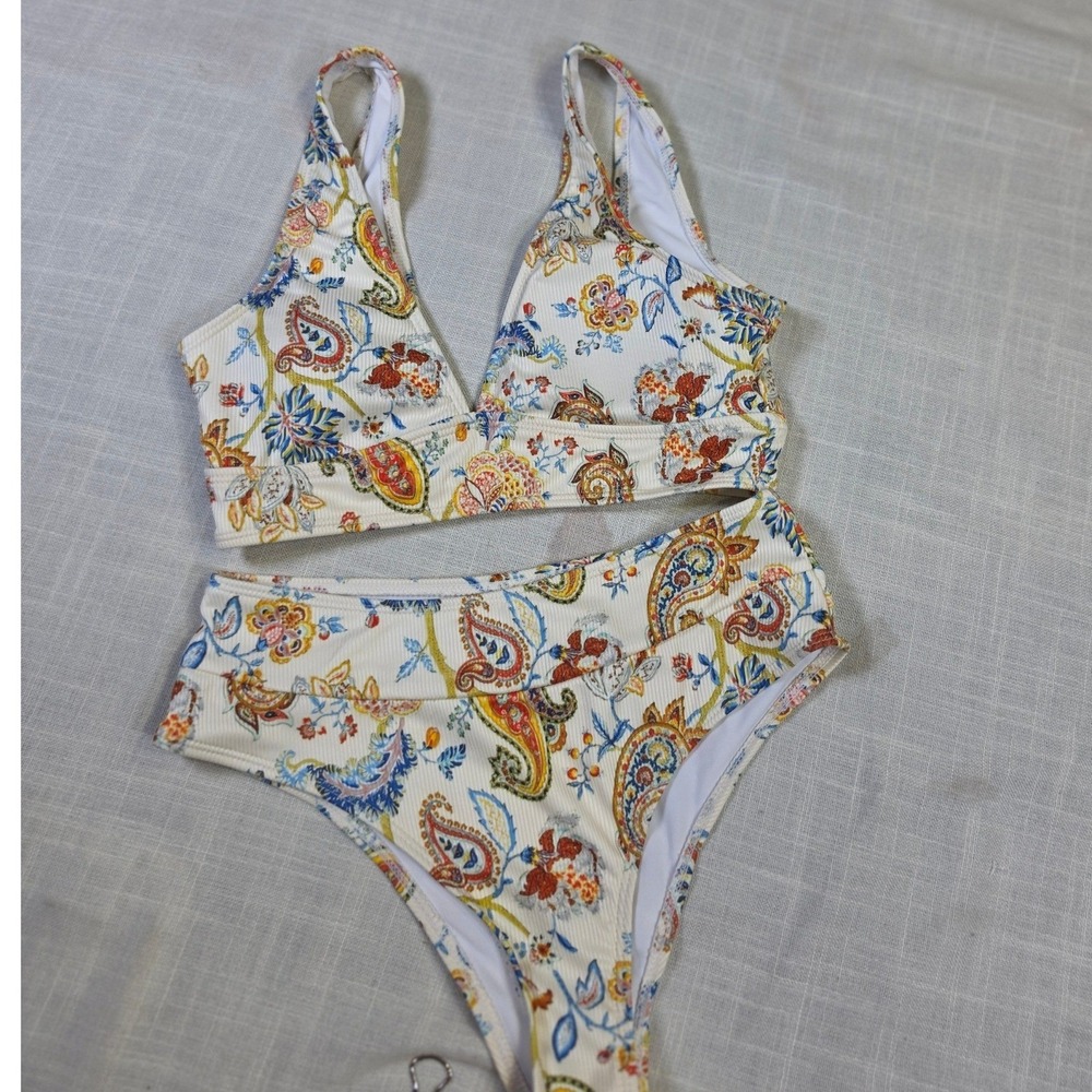 Paisley Ribbed High Waisted Bikini Set Cream Multi Color Two Piece Swimsuit S